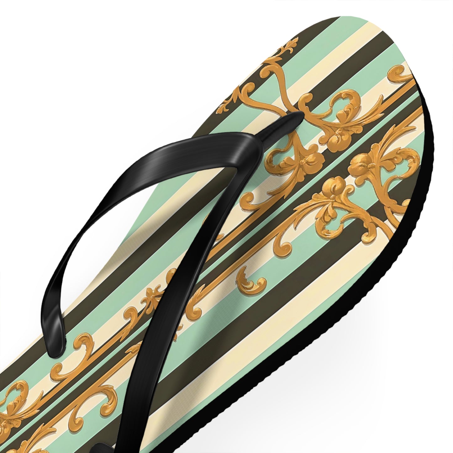 Elegant Patterned Flip Flops, Summer Sandals, Vacation Footwear, Beach Day Slippers, Festival Essentials - Black & Matte Mint Striped Rococo