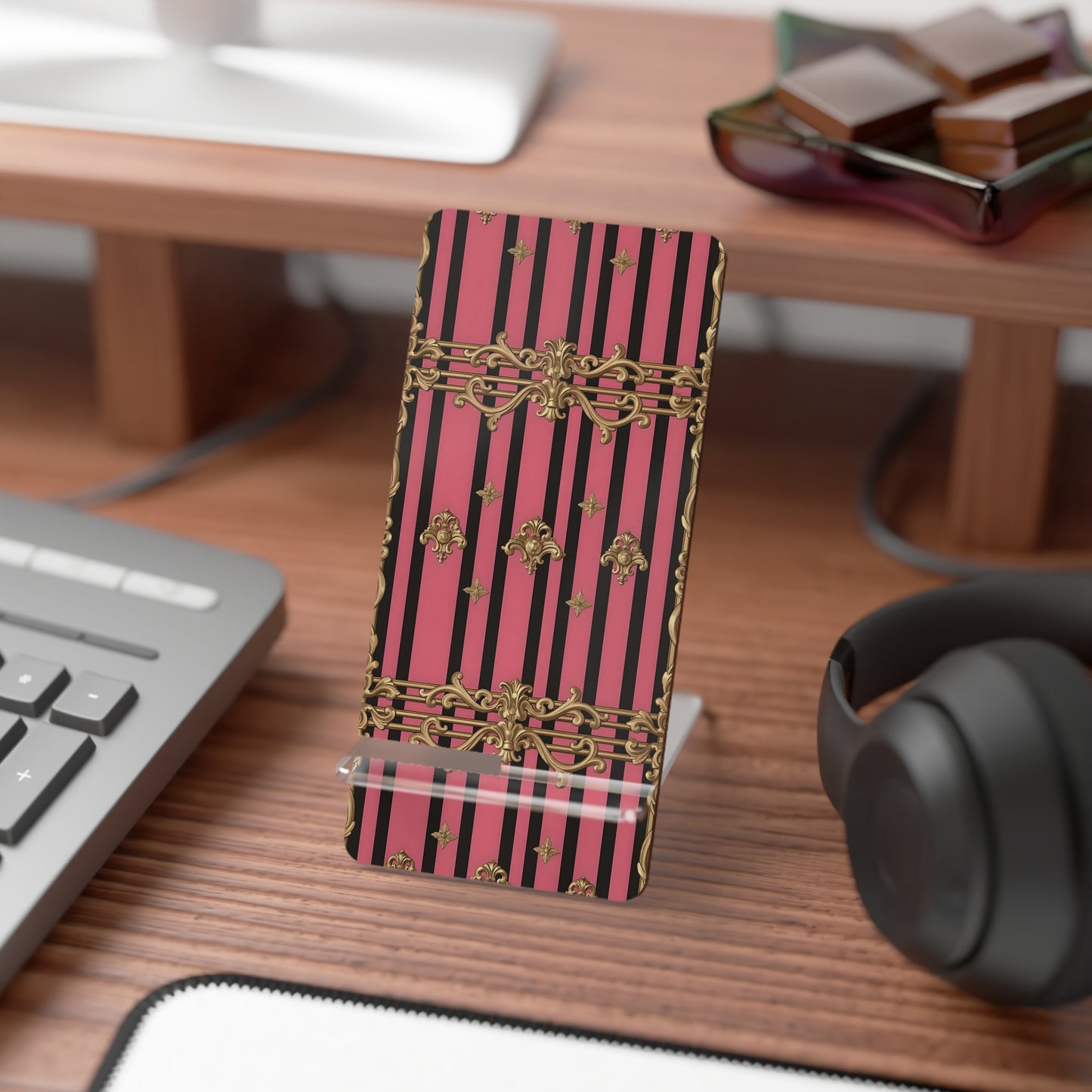 Elegant Mobile Display Stand for Smartphones, Stylish Phone Holder, Office Desk Accessories, Gift for Her - Pink Striped Gold Rococo