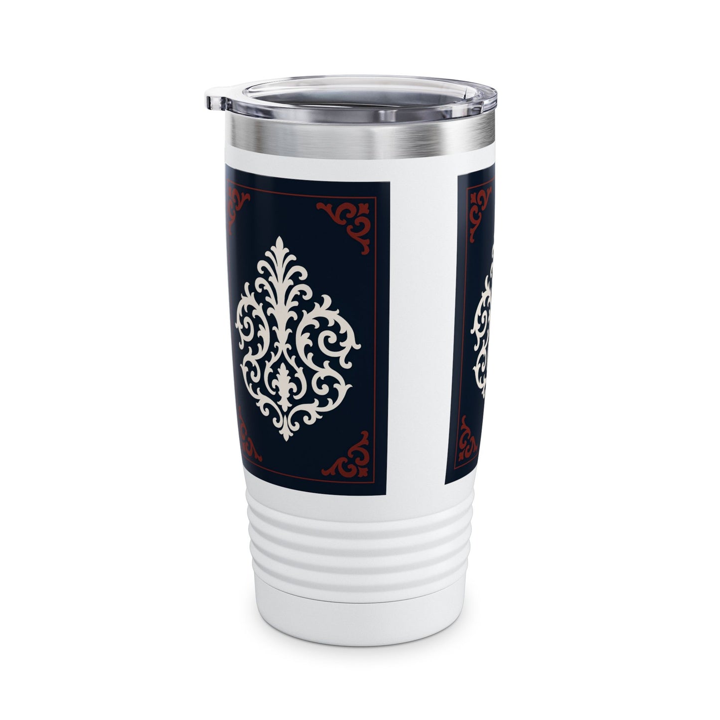 Dusk Blue-Maroon & White Baroque 20oz Ringneck Tumbler with Classic Baroque Design — Elegant Travel Mug