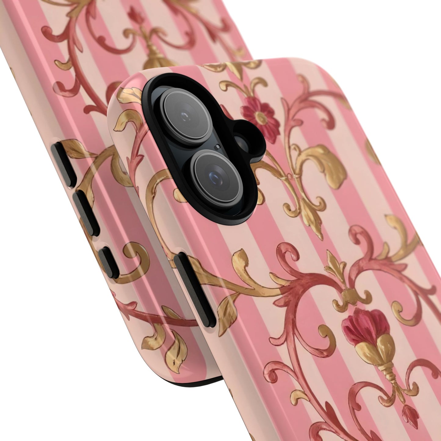 Elegant Floral Motif Phone Case - Tough Cases with Vintage Design - Pink Striped Rose Gold Damask