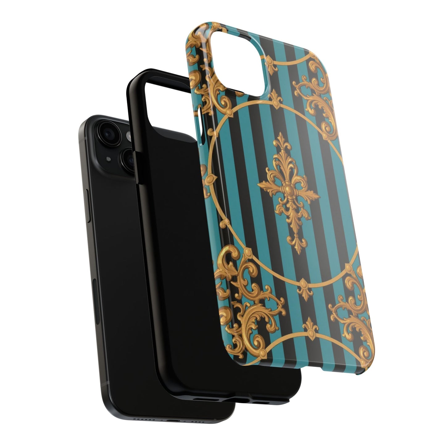 Elegant Turquoise & Black Striped Gold Baroque Phone Case, Tough Phone Cases for Fashion Lovers, Gift for Her, Luxury Accessories