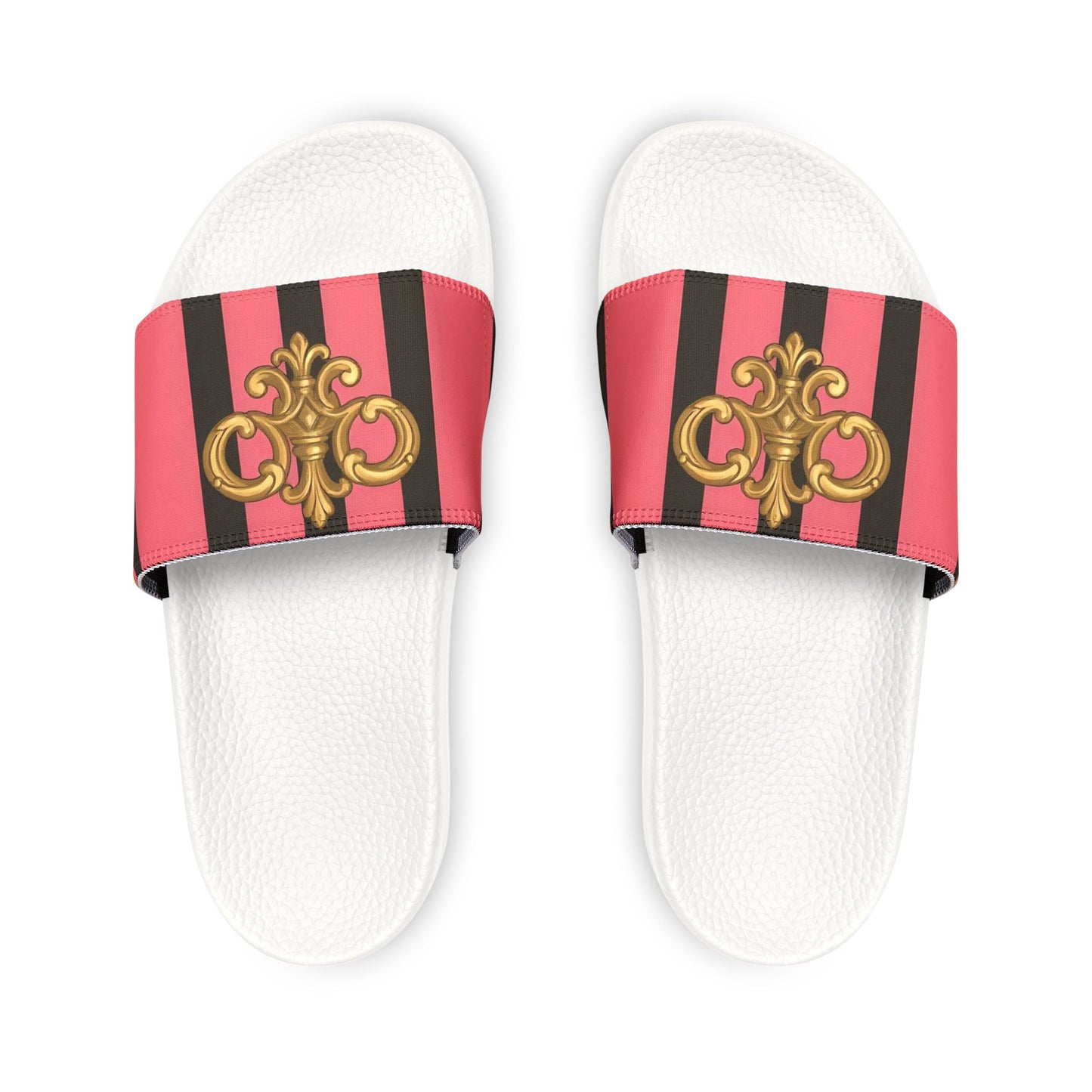Chic Removable-Strap Sandals with Elegant Design, Stylish Summer Footwear, Beach Ready Slides - Pink & Black Striped Gold Baroque