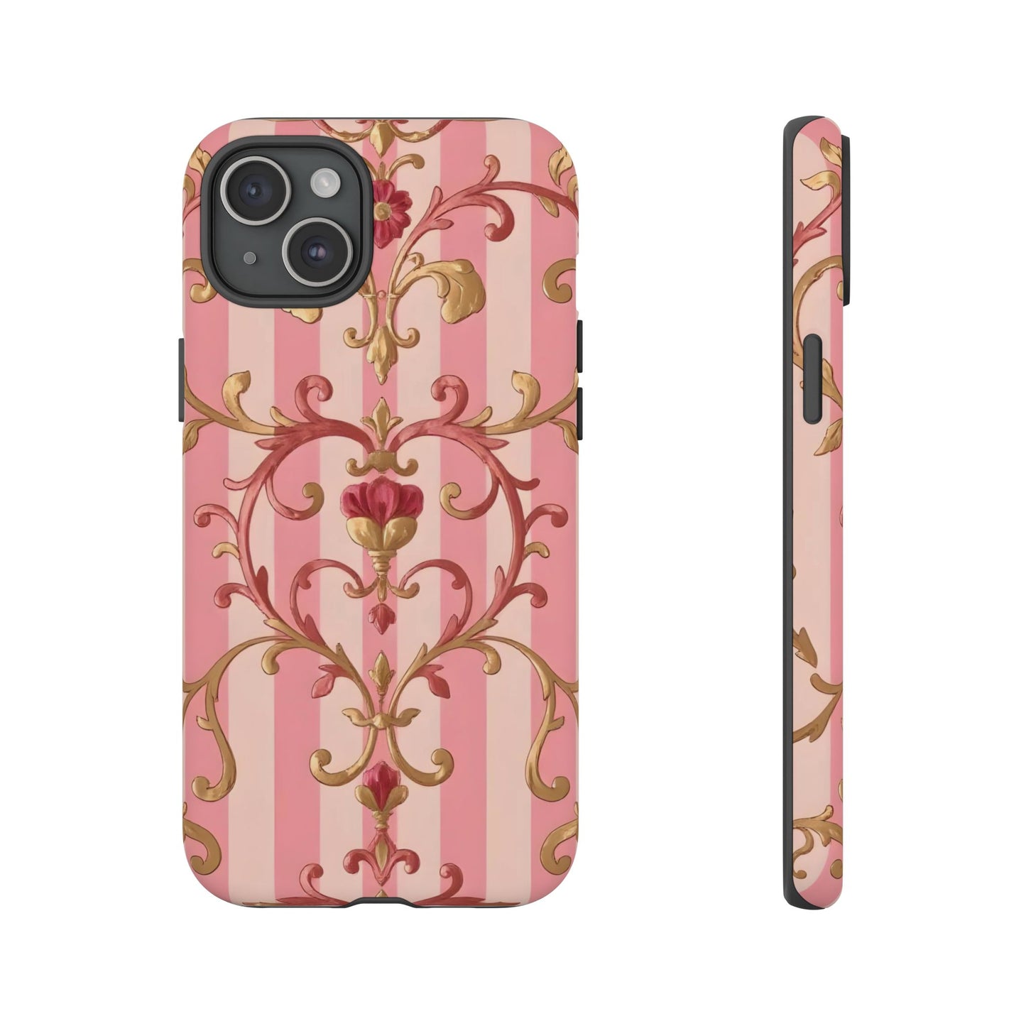 Elegant Floral Motif Phone Case - Tough Cases with Vintage Design - Pink Striped Rose Gold Damask