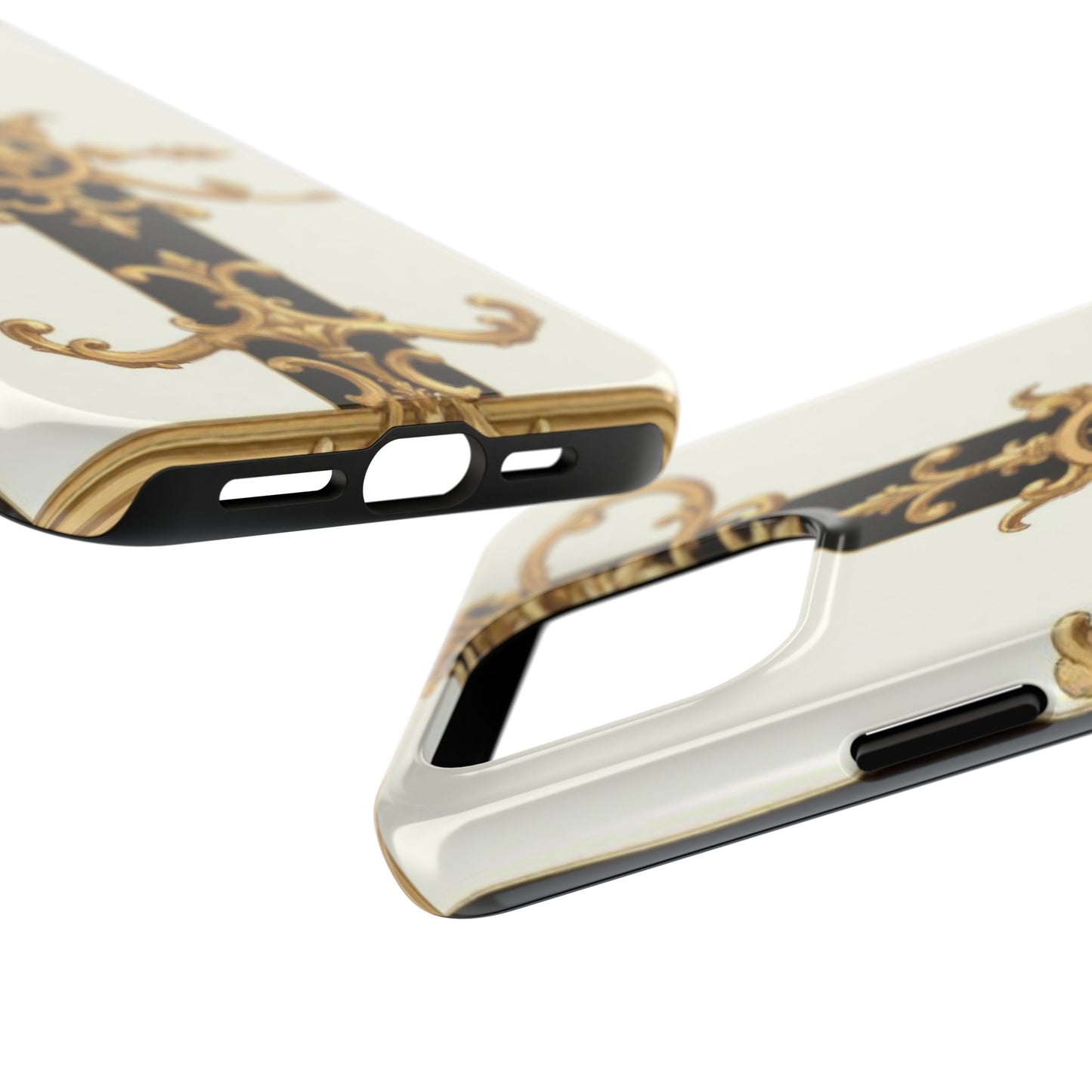 Elegant Baroque Tough Phone Case | Stylish Protection for Your Device, Gift for Her, Phone Accessories - Black & White Striped Gold Baroque