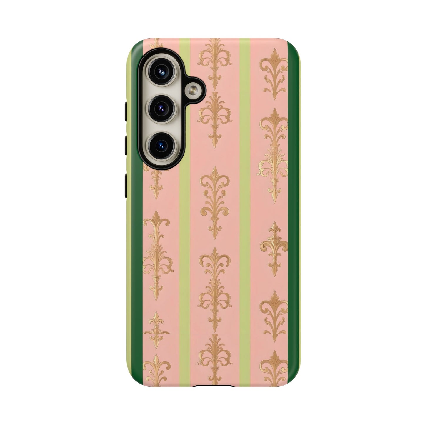 Elegant Floral Motif Phone Case - Tough Cases with Vintage Design - Lime Green & Pink Striped Damask