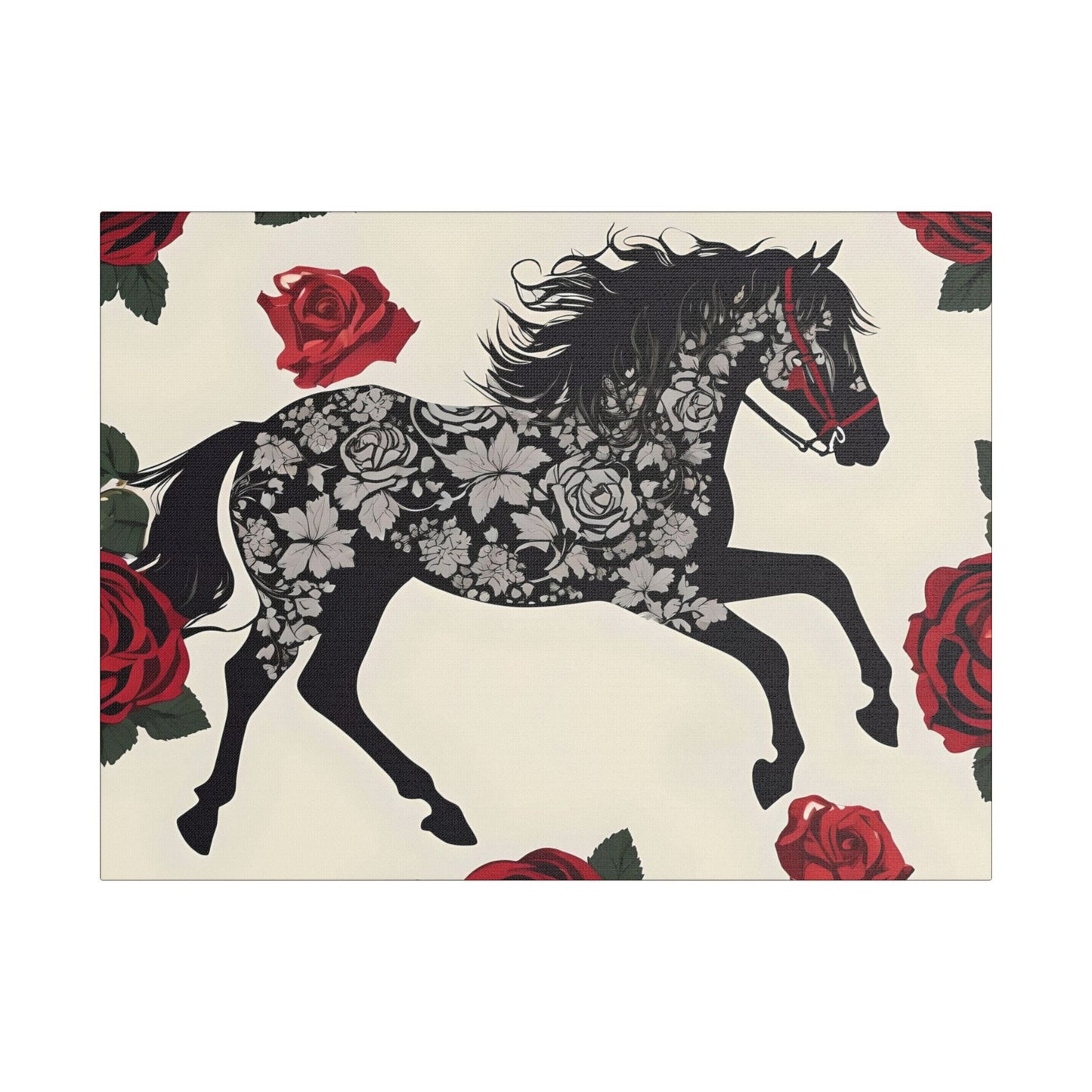 Art Print Canvas, Wall Decor, Satin Stretched Canvas, Equestrian Art, Office Decor, Home Decor - Horse & Roses
