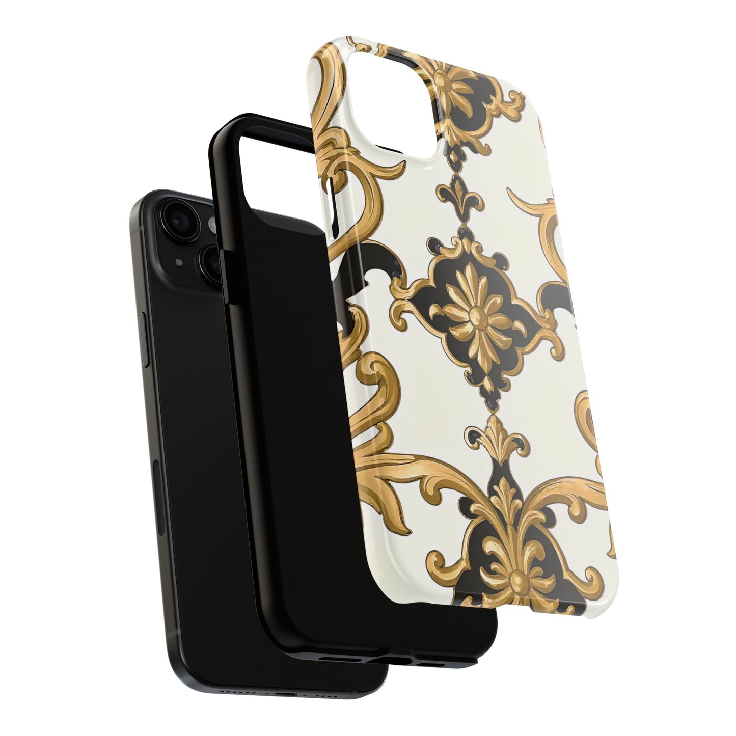 Elegant Floral Tough Phone Cases, Durable Phone Cover, Stylish Phone Accessories, Gift for Her, Chic Phone Cases - Black & Gold Rococo