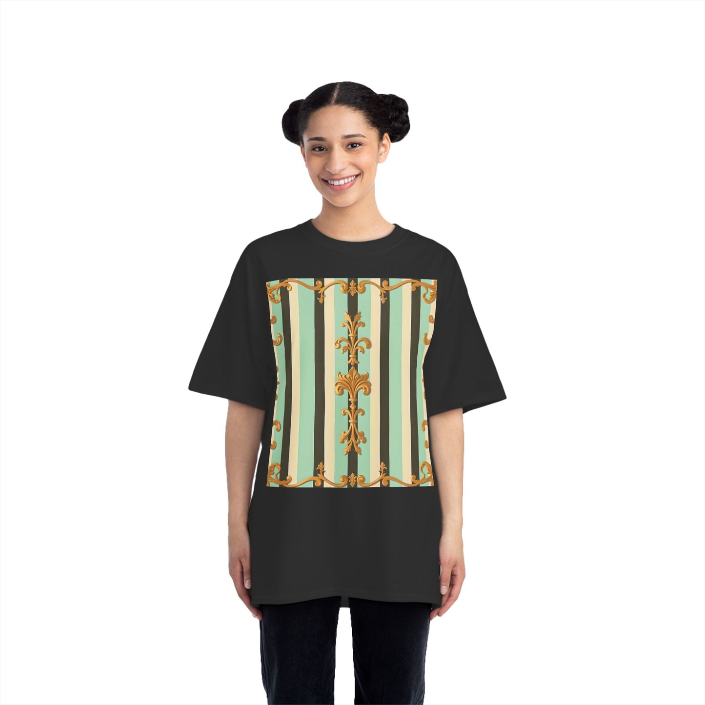 Vintage-Inspired Short-Sleeve T-Shirt, Casual Wear, Graphic Tee, Retro Style, Summer Fashion, Gift for Her - Black & Matte Mint Striped Rococo