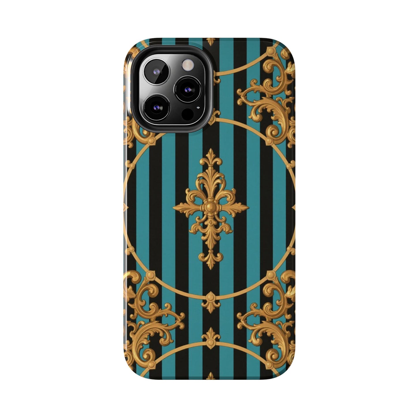 Elegant Turquoise & Black Striped Gold Baroque Phone Case, Tough Phone Cases for Fashion Lovers, Gift for Her, Luxury Accessories
