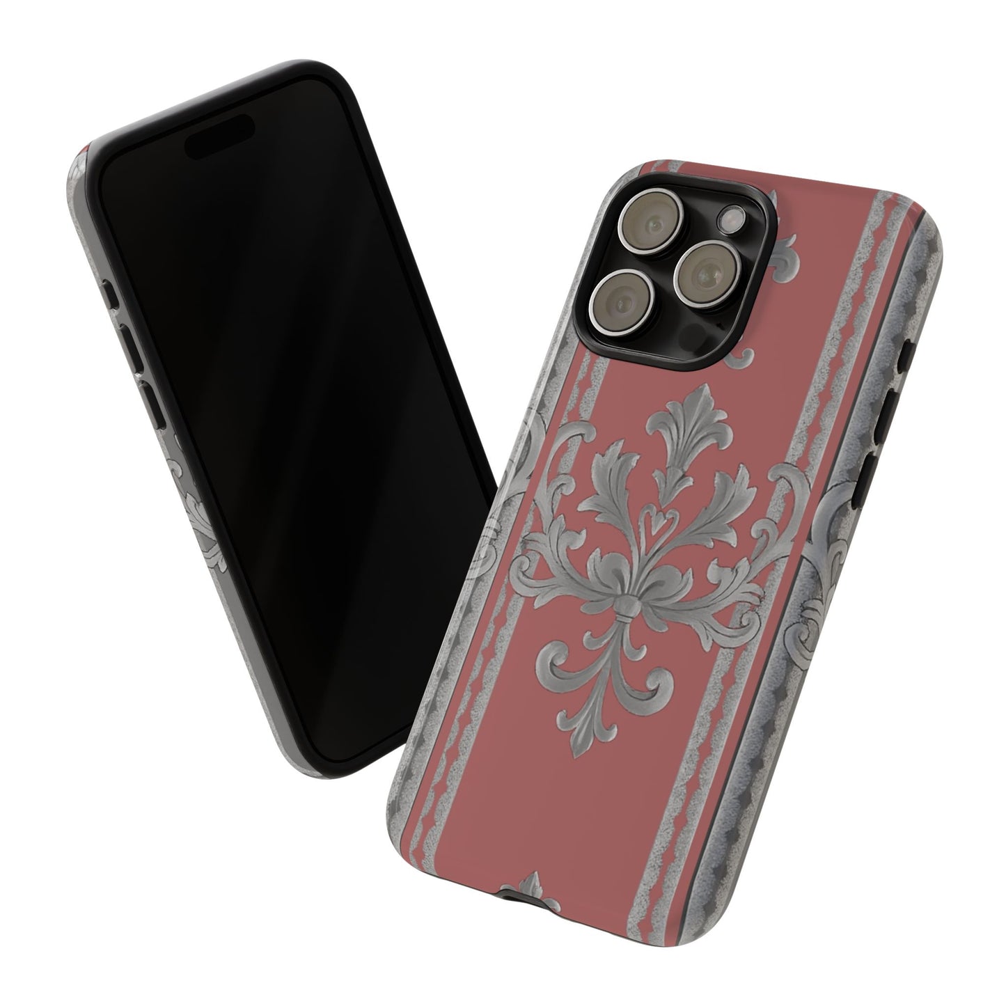 Elegant Floral Phone Case - Tough Cases for Stylish Protection - Gray & Mauve Striped Baroque