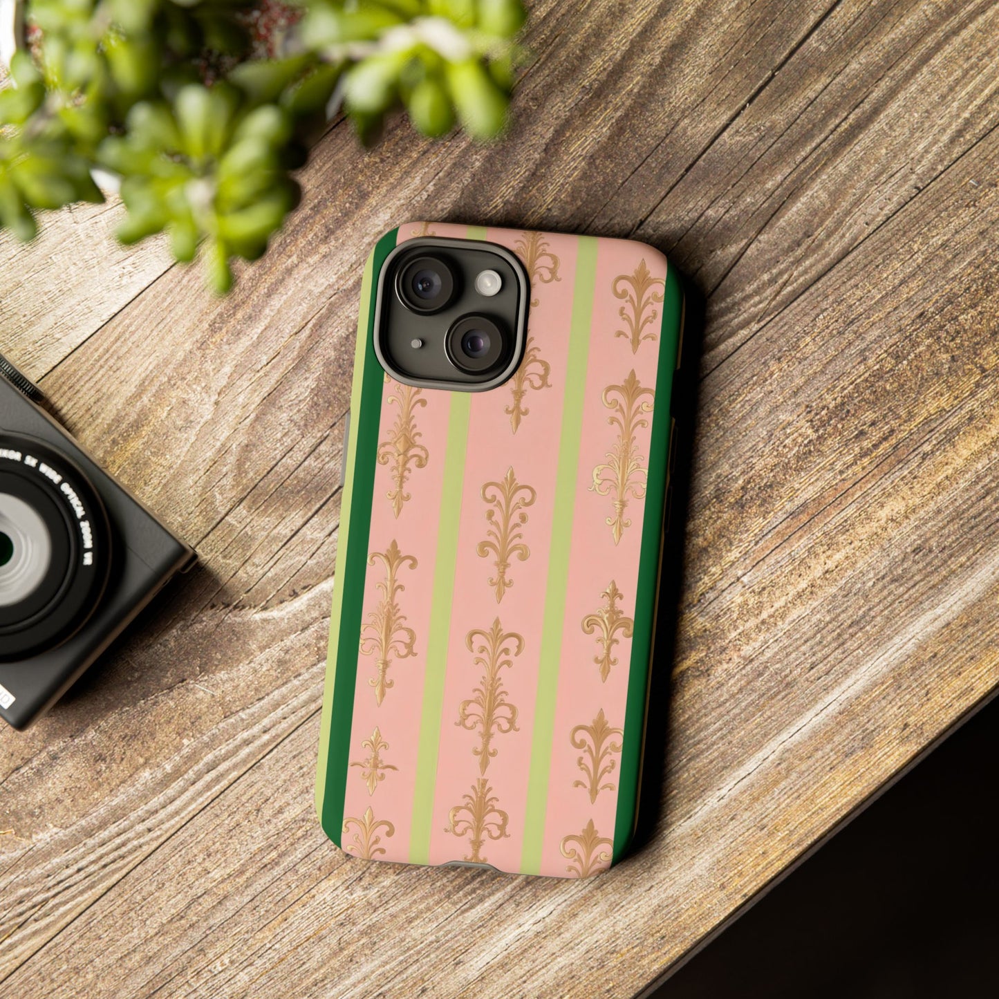 Elegant Floral Motif Phone Case - Tough Cases with Vintage Design - Lime Green & Pink Striped Damask