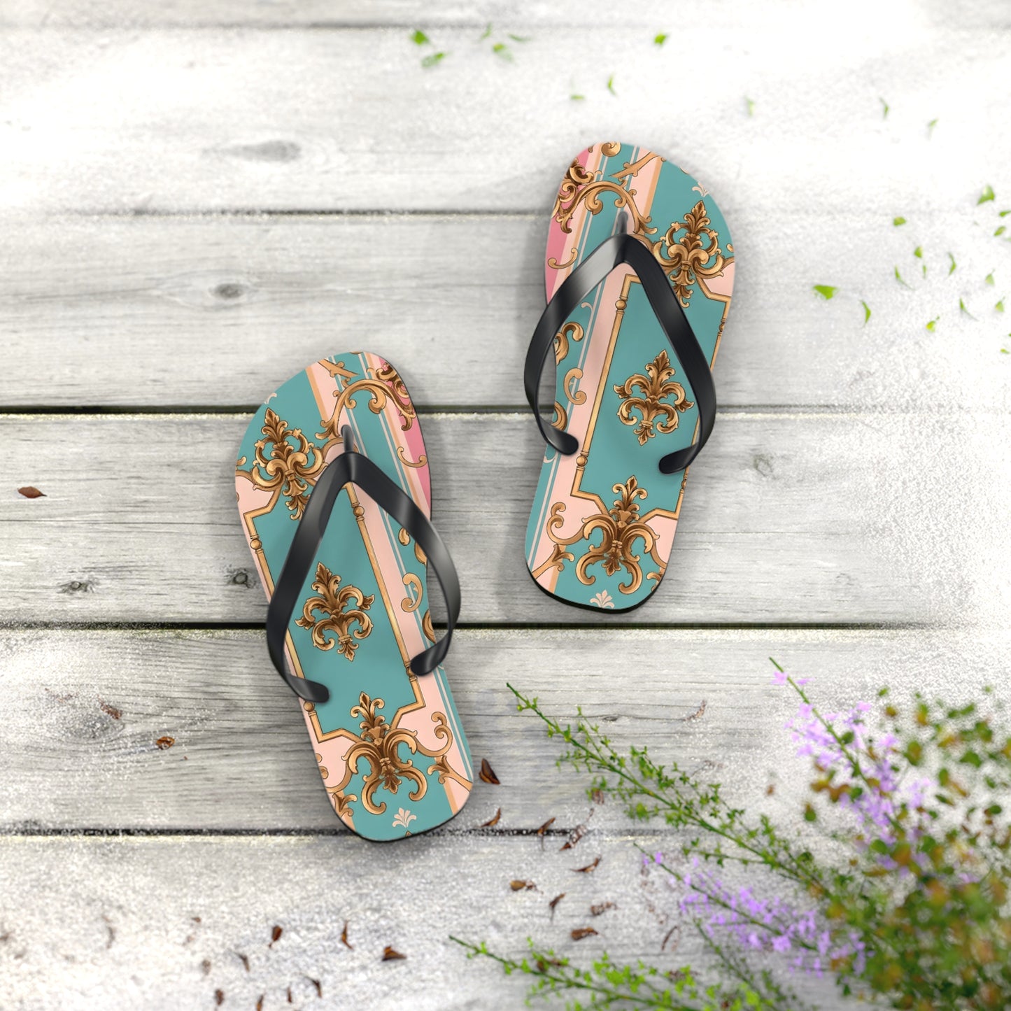 Stylish Flip Flops: Vintage Elegance for Summer Fun, Beachwear, Poolside, Vacation Essentials, Gift for Her - Pink & Matte Turquoise Striped Rococo