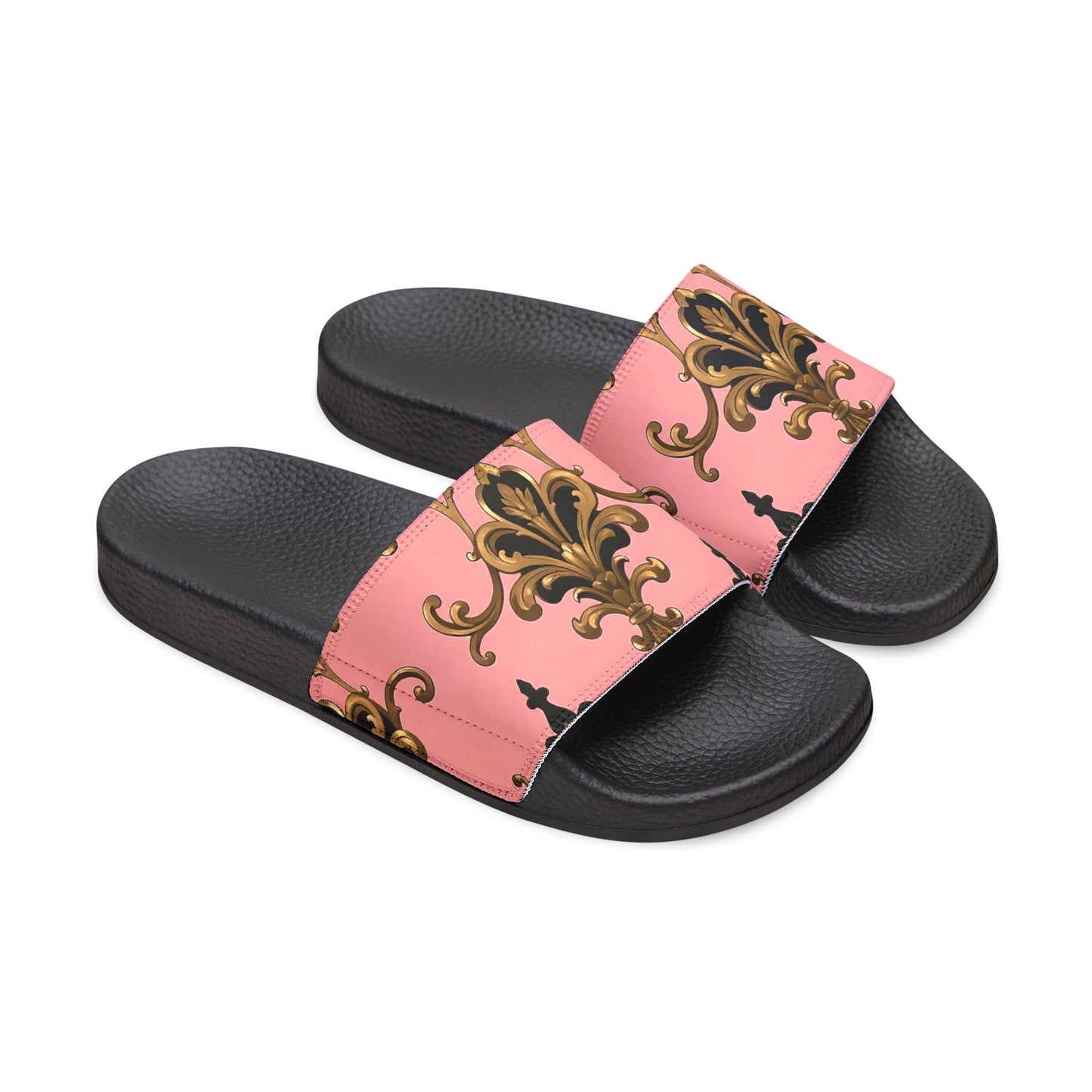 Chic Women's Removable-Strap Sandals, Summer Sandals, Stylish Footwear, Beach Slides - Pink, Black & Gold Rococo