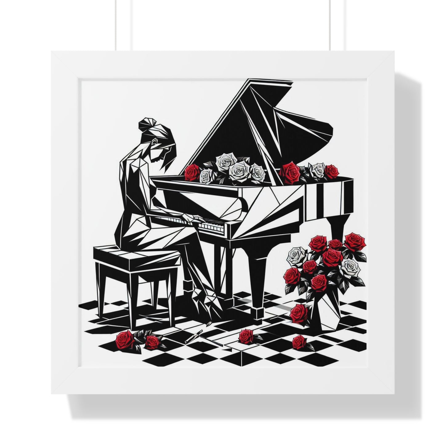 Vertical Poster - Black & White Grand Piano & Red Roses Wall Art