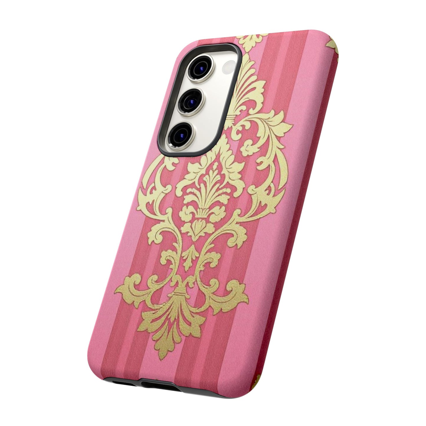 Elegant Floral Motif Phone Case - Tough Cases with Vintage Design - Pink Striped Damask