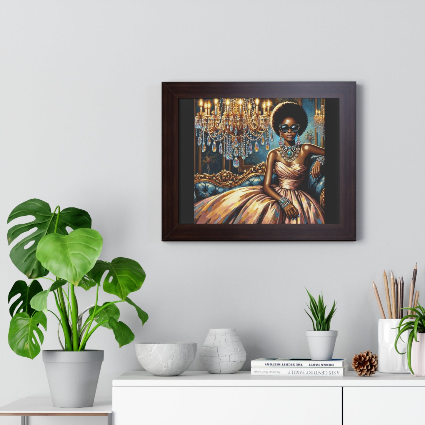 Elegant Framed Art Print | Chic Home Décor, Wall Art for Living Room, Unique Gift, Glamorous Aesthetic, Fashionable - Elegant Lady & Chandelier