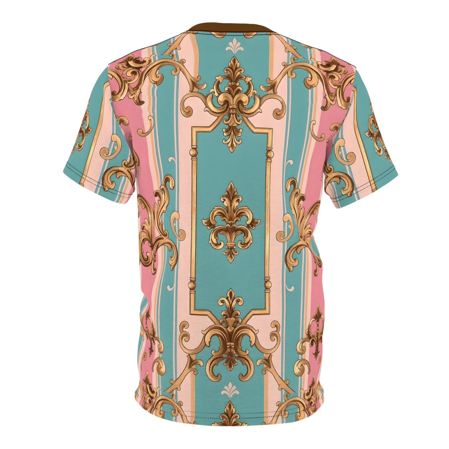 Rococo Style Unisex Cut & Sew Tee, Trendy AOP T-Shirt, Unique Graphic Tee, Fashion Statement - Pink & Matte Turquoise Striped Rococo