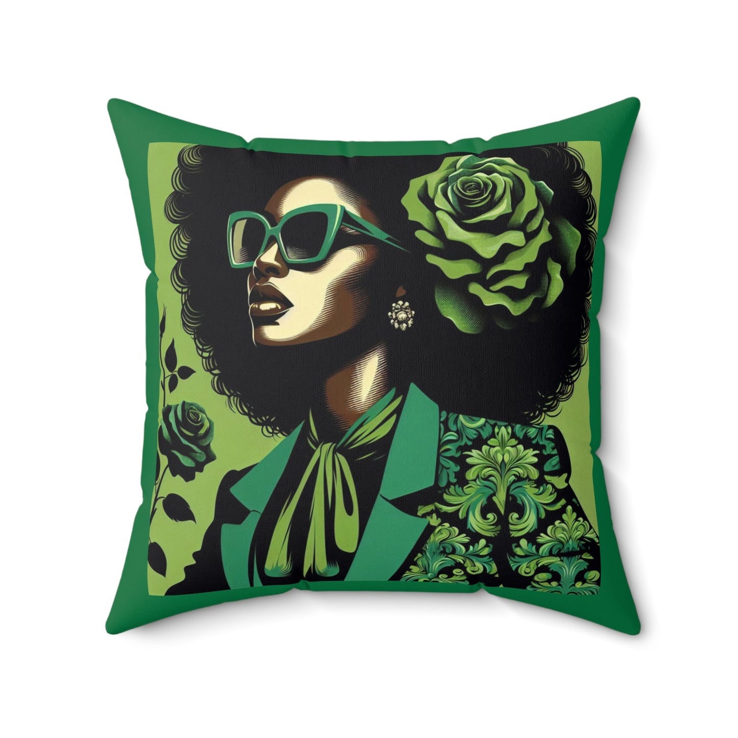 Chic Afrocentric Faux Suede Pillow, Stylish Home Decor, Gift for Her, African American Art, Damask Decor - Lady in Green Damask