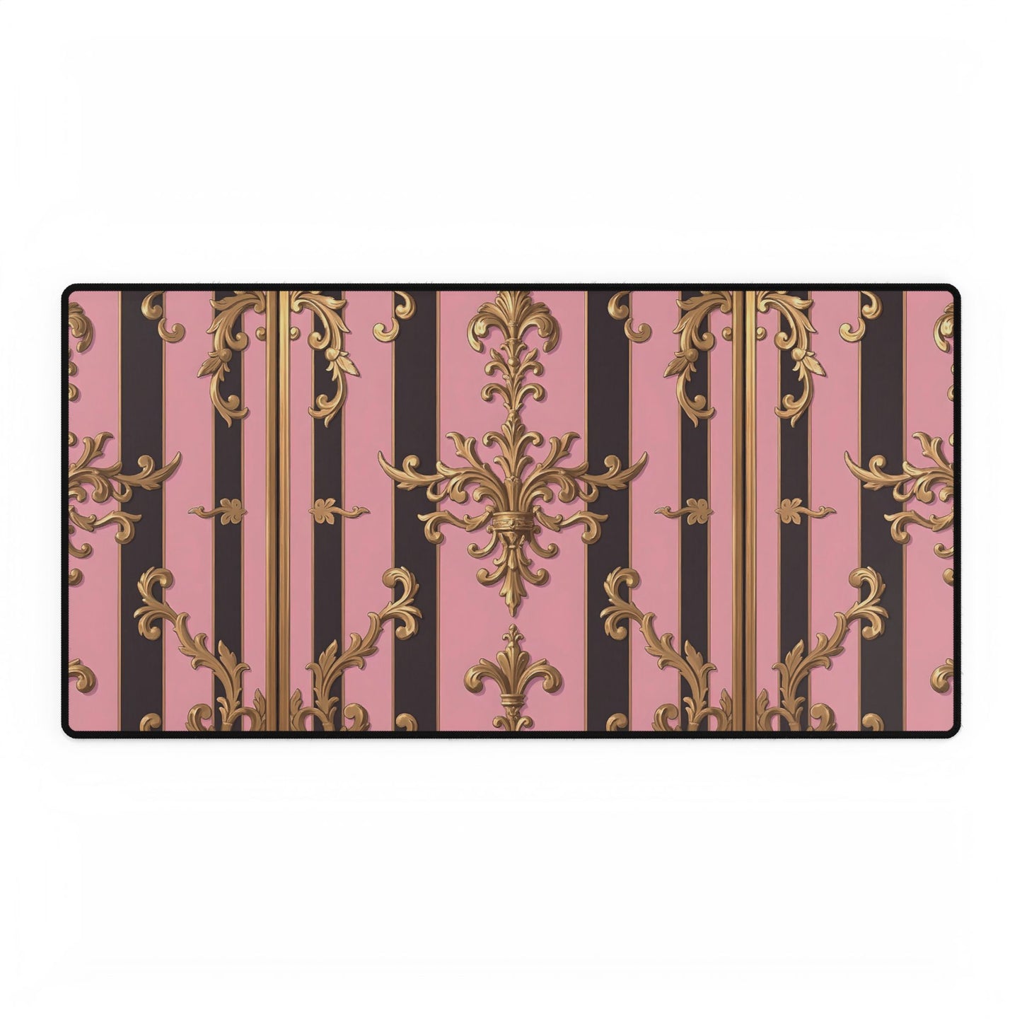 Elegant Floral Motif Desk Mat for Home Office Decor - Pink & Brown Striped Gold Damask