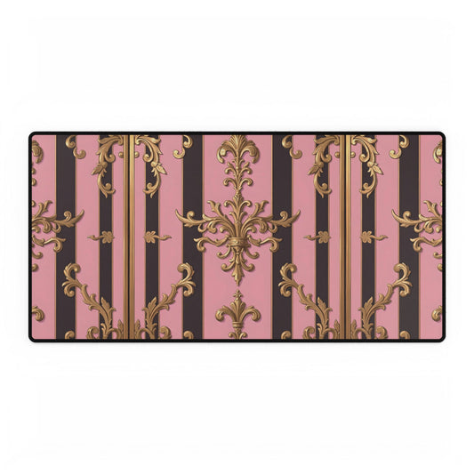 Elegant Floral Motif Desk Mat for Home Office Decor - Pink & Brown Striped Gold Damask