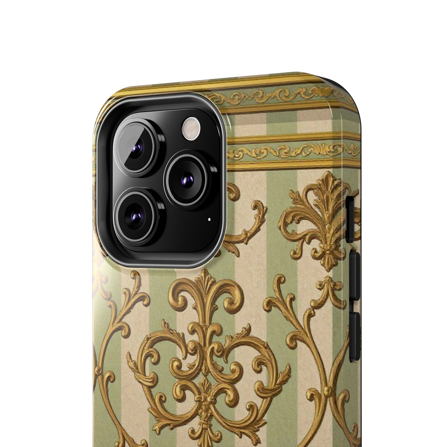 Vintage Elegance Phone Case, Tough Phone Cases for Style, Gift for Birthdays, Stylish Protection - Mint Green & Beige Striped Gold Baroque