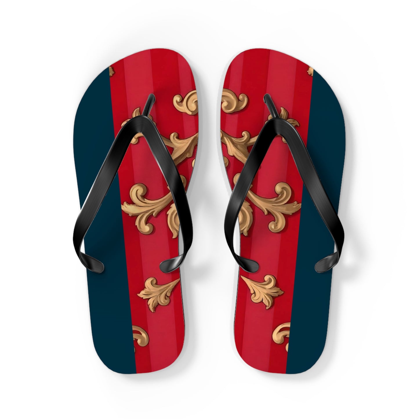 Stylish Flip Flops for Summer Fun, Beach Footwear, Vacation Sandals, Poolside Flip Flops, Casual Summer Shoes - Blue & Red Striped Baroque