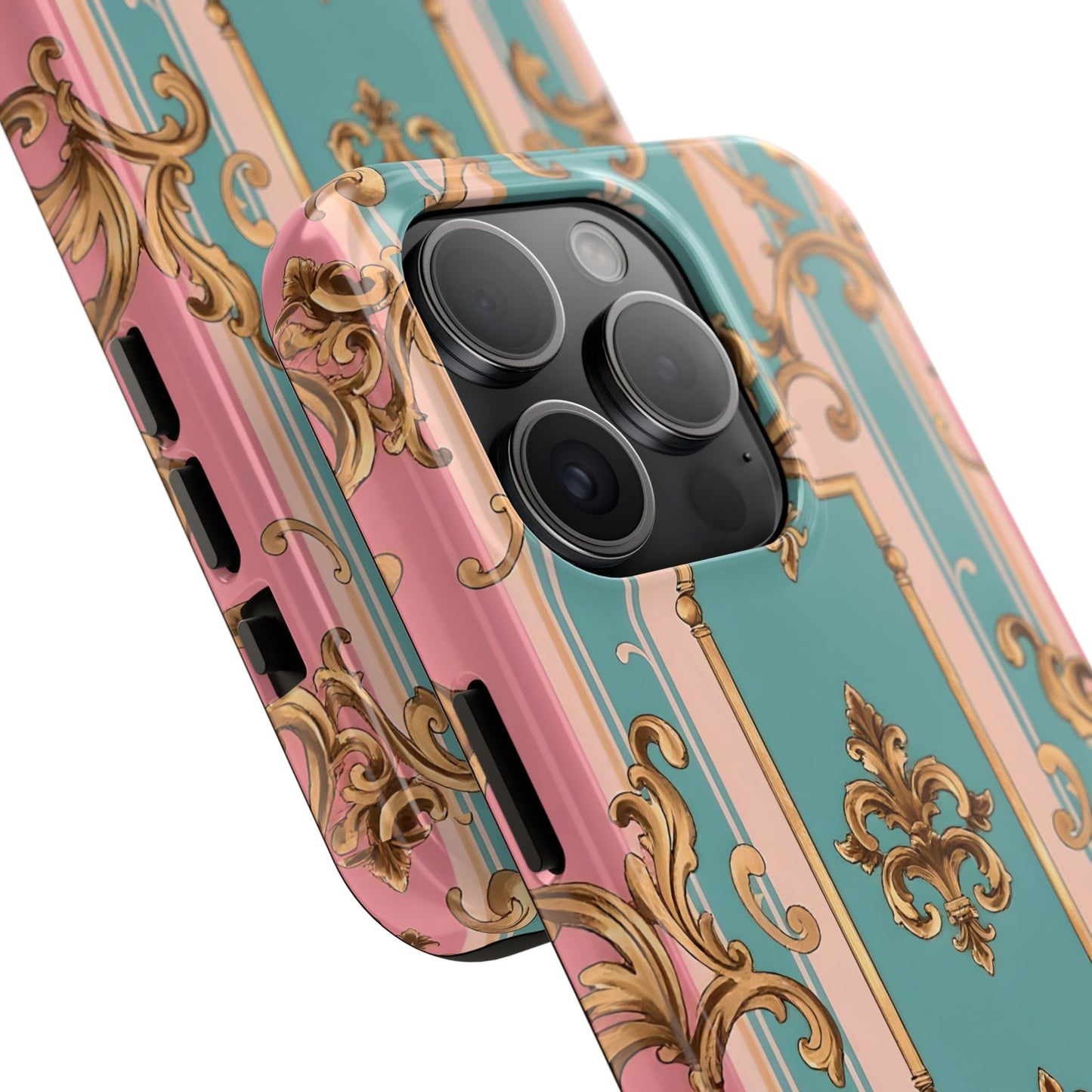 Elegant Floral Tough Phone Case, Artistic Phone Cover, Gift for Her, Chic Phone Accessory - Pink & Matte Turquoise Striped Rococo