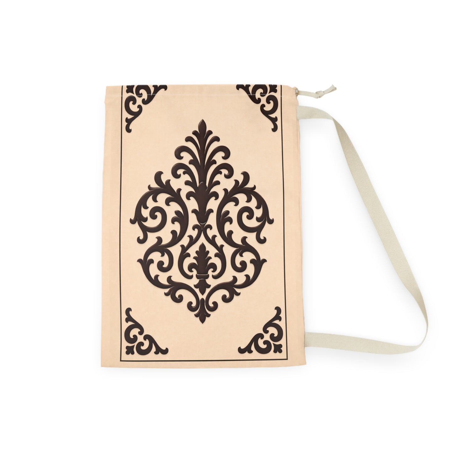 Almond-Beige & Brown Baroque Laundry Bag — Cotton Hamper Tote with Drawstring