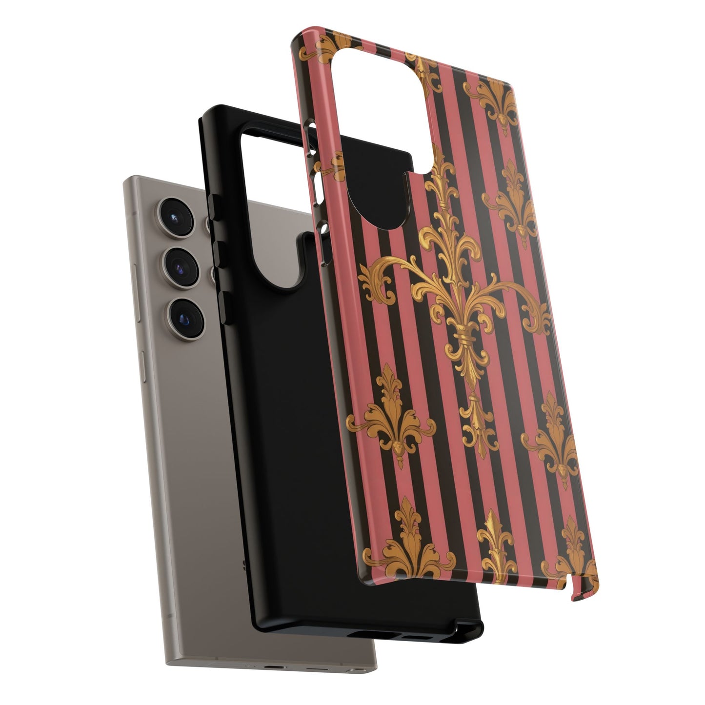 Elegant Floral Motif Phone Case - Tough Cases with Vintage Design - Mauve Striped Gold Damask
