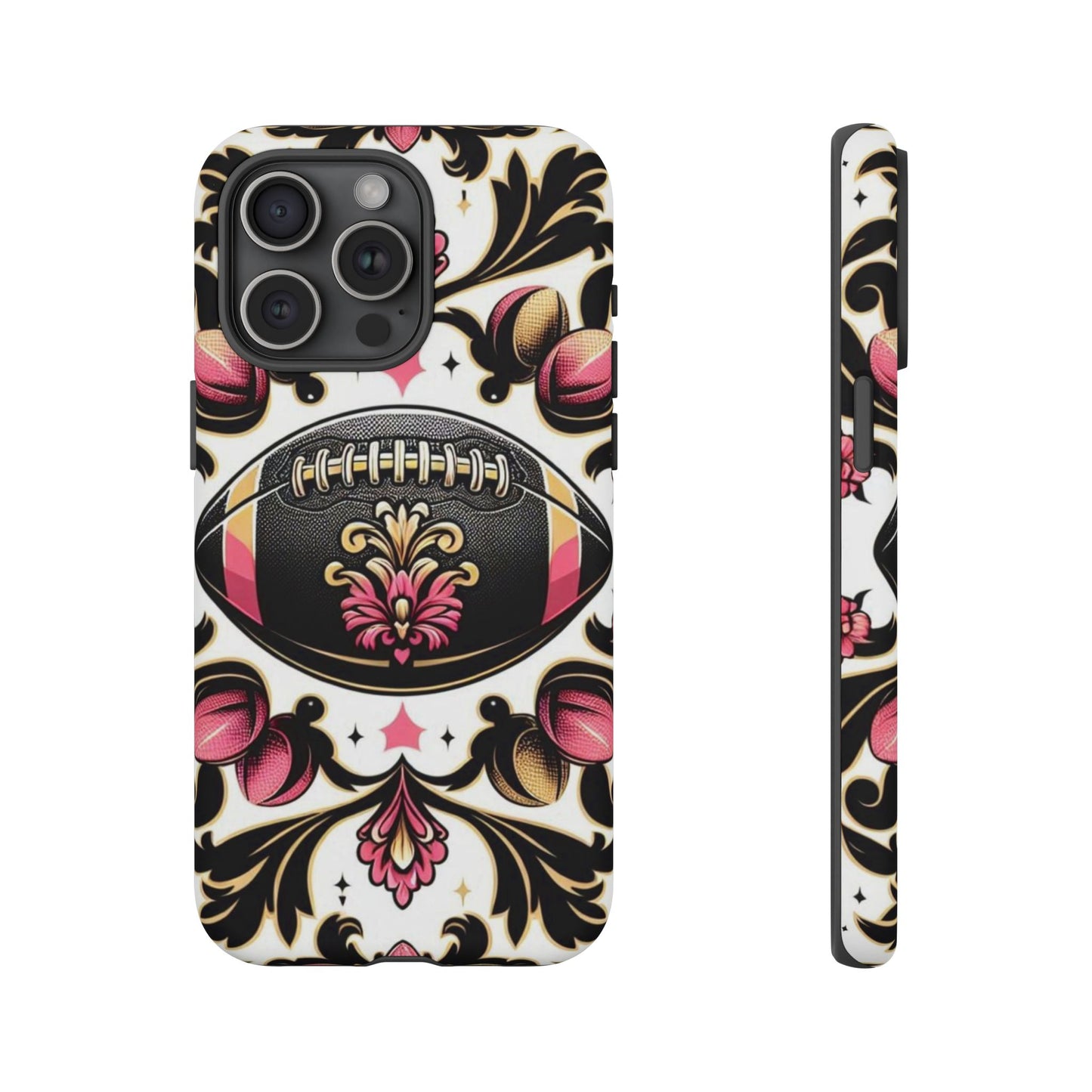 Elegant Floral Motif Phone Case - Tough Cases with Vintage Design - Damask White, Pink Gold & Black Football