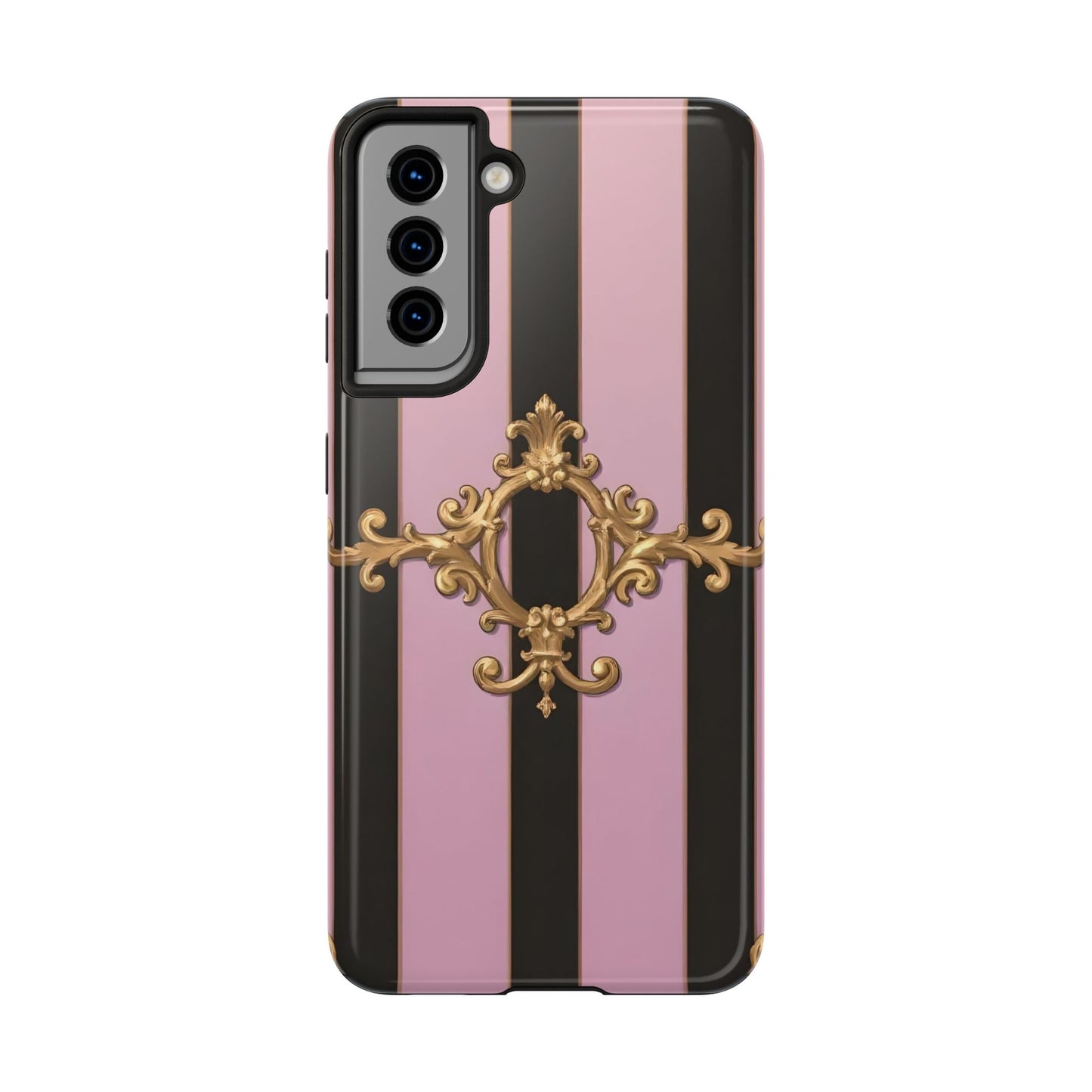 Stylish Tough Phone Case for Elegant Protection, Fashionable Accessories, Smartphone Cover - Matte Lavender & Black Striped Gold Baroque