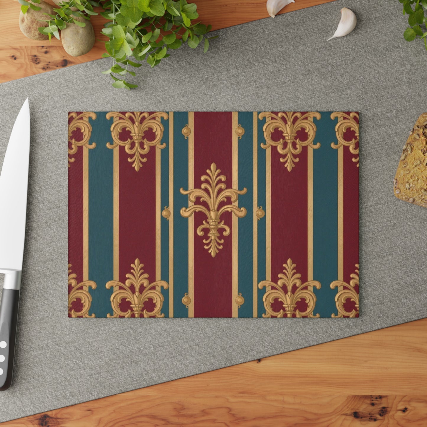 Elegant Floral Glass Cutting Board, Kitchen Decor, Home Gift, Cooking Accessory, Housewarming Present  - Burgundy Striped Gold Baroque