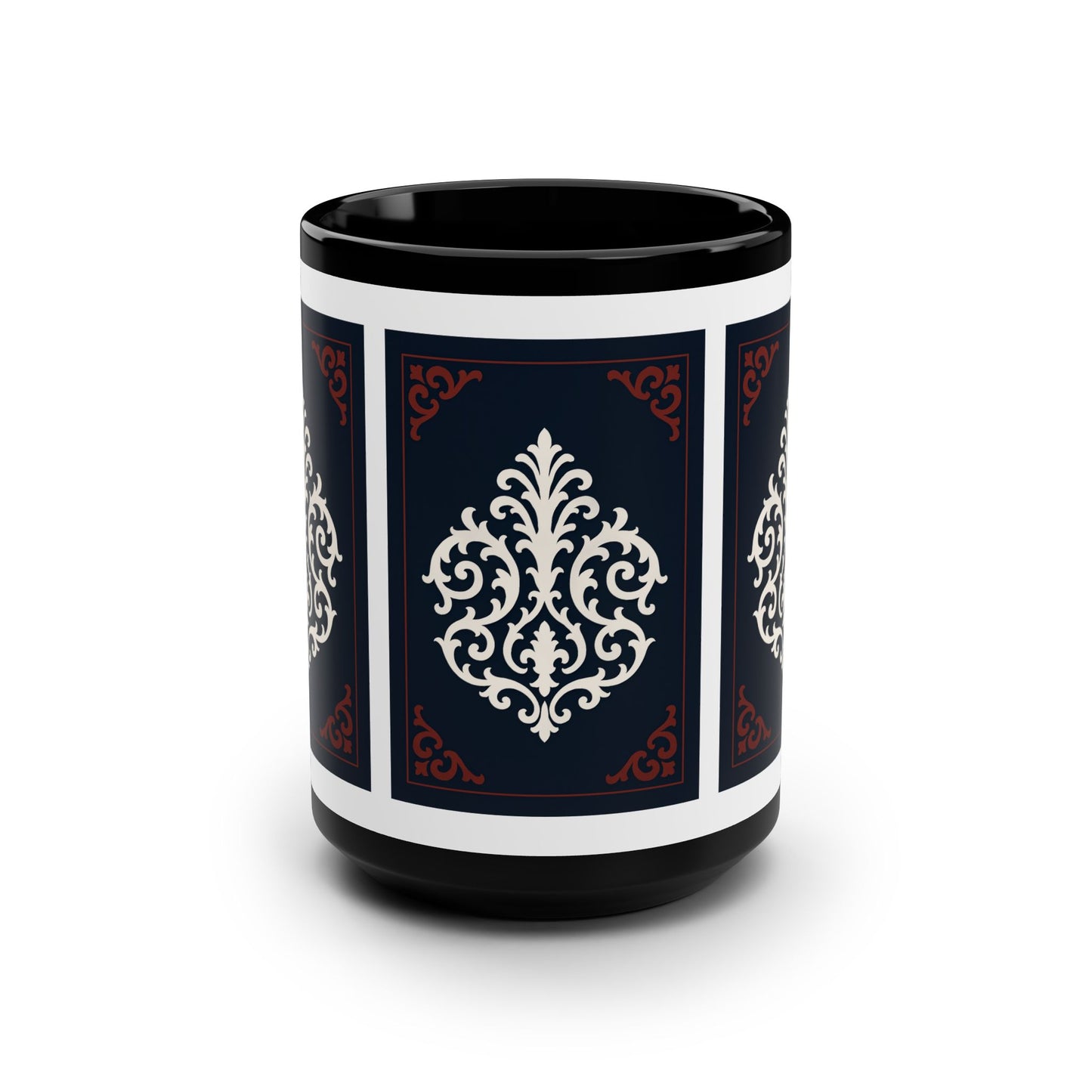 Dusk Blue-Maroon & White Baroque Black 15oz Mug — Elegant White Filigree on Navy Panels