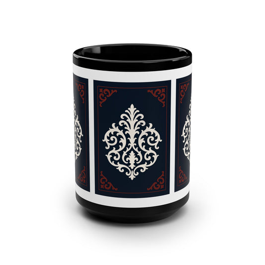Dusk Blue-Maroon & White Baroque Black 15oz Mug — Elegant White Filigree on Navy Panels