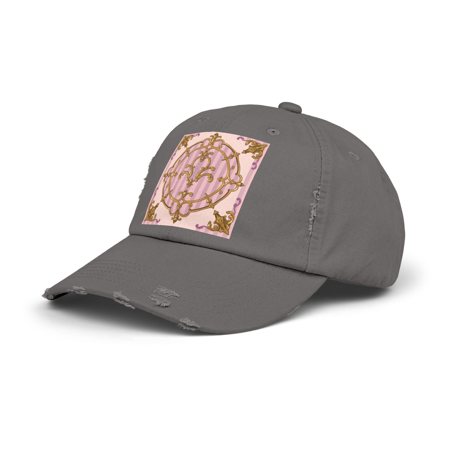 Chic Distressed Cap with Elegant Lavender & Alabaster Striped Gold Baroque Design | Casual Style, Streetwear, Gift for Her, Unique Accessory