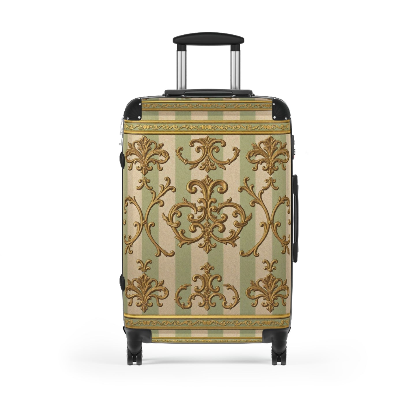 Elegant Travel Suitcase with Vintage Design, Stylish Luggage for Travelers, Perfect Gift for Holidays - Mint & Beige Striped Gold Baroque