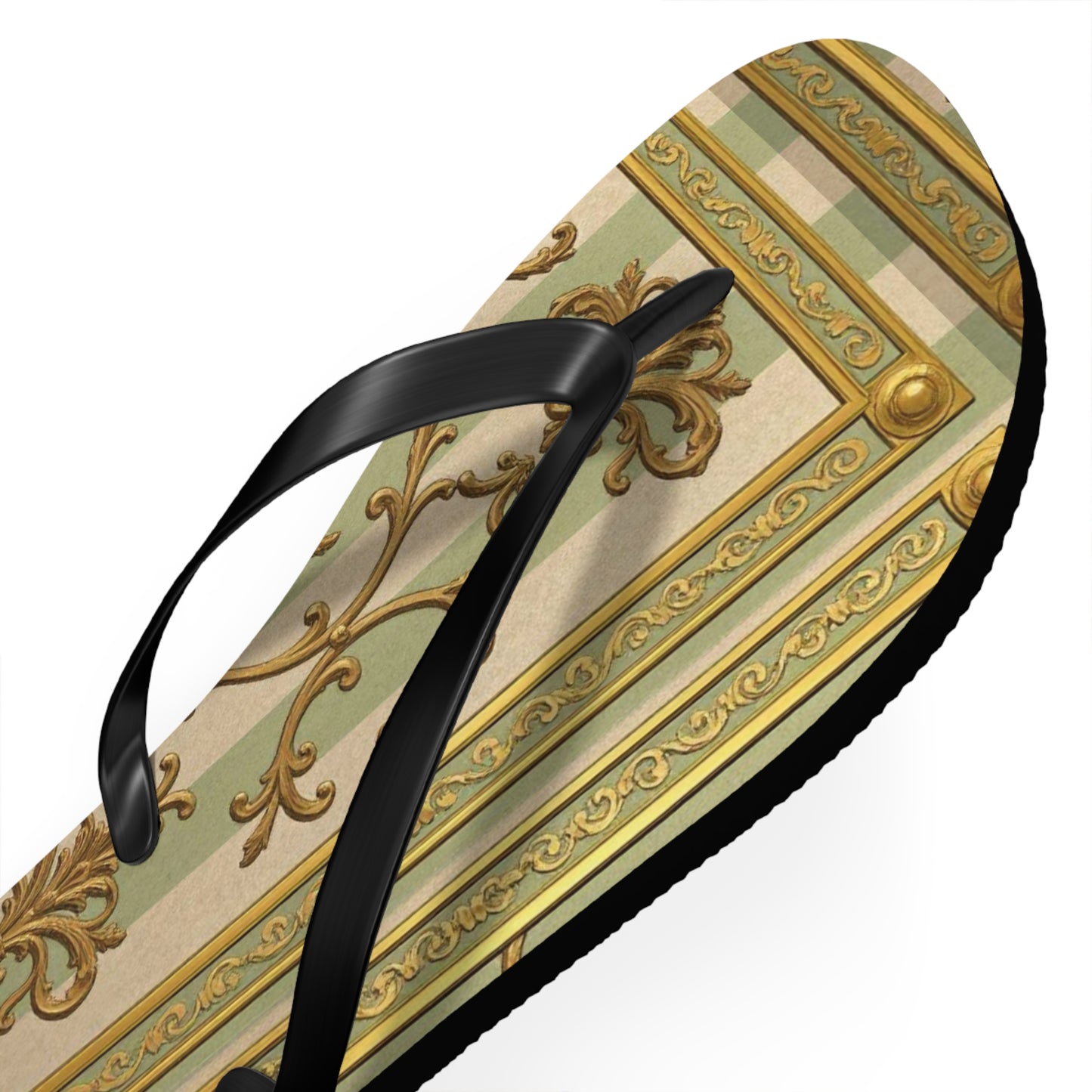 Elegant Floral Flip Flops for Summer, Beach Footwear, Stylish Sandals, Vacation Essentials, Outdoor Slip-On Shoes - Mint & Beige Striped Gold Baroque
