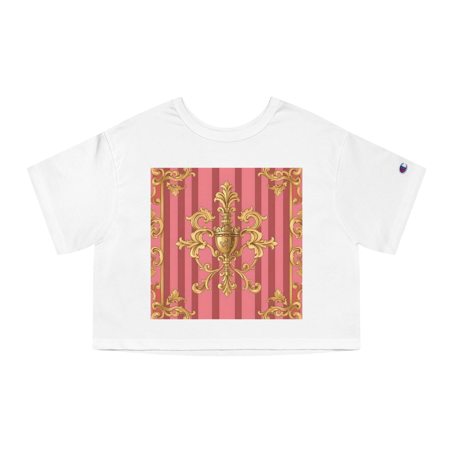 Chic Cropped T-Shirt, Elegant Fashion Top, Vintage Style Tee, Spring/Summer Casual Wear, Trendy Graphic Shirt - Pink Striped Gold Baroque