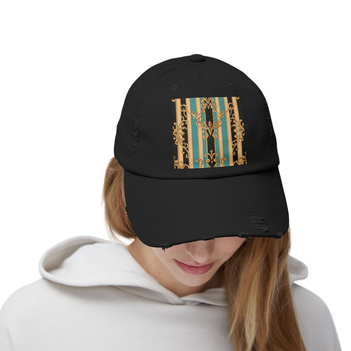 Distressed Black, Tan & Ocean Green Striped Gold Baroque Cap with Elegant Stripe Design | Vintage-Inspired Accessories, Unisex Casual Hat
