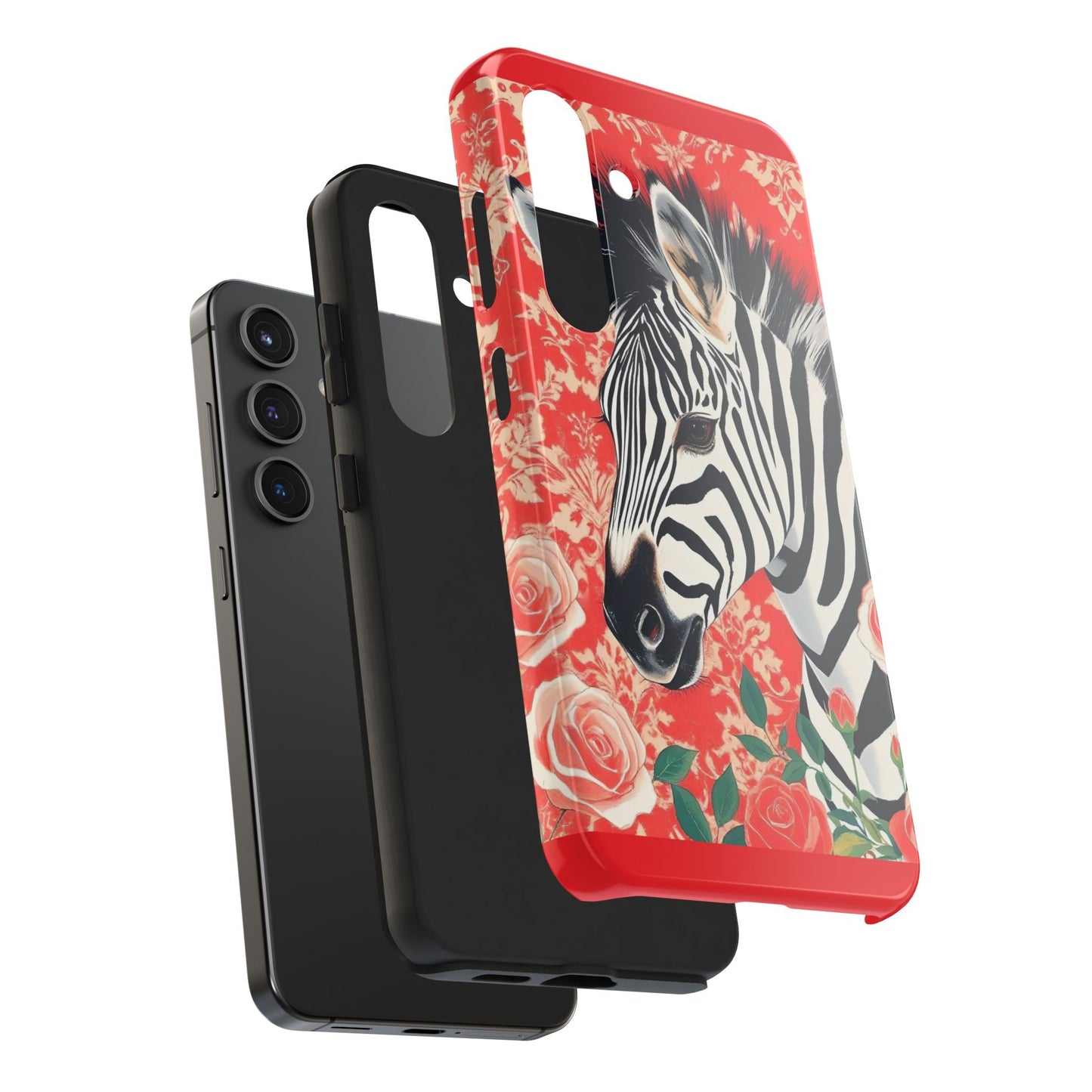 Zebra Tough Phone Case - Trendy Floral Design for Animal Lovers - Zebra With Coral Roses & Damask