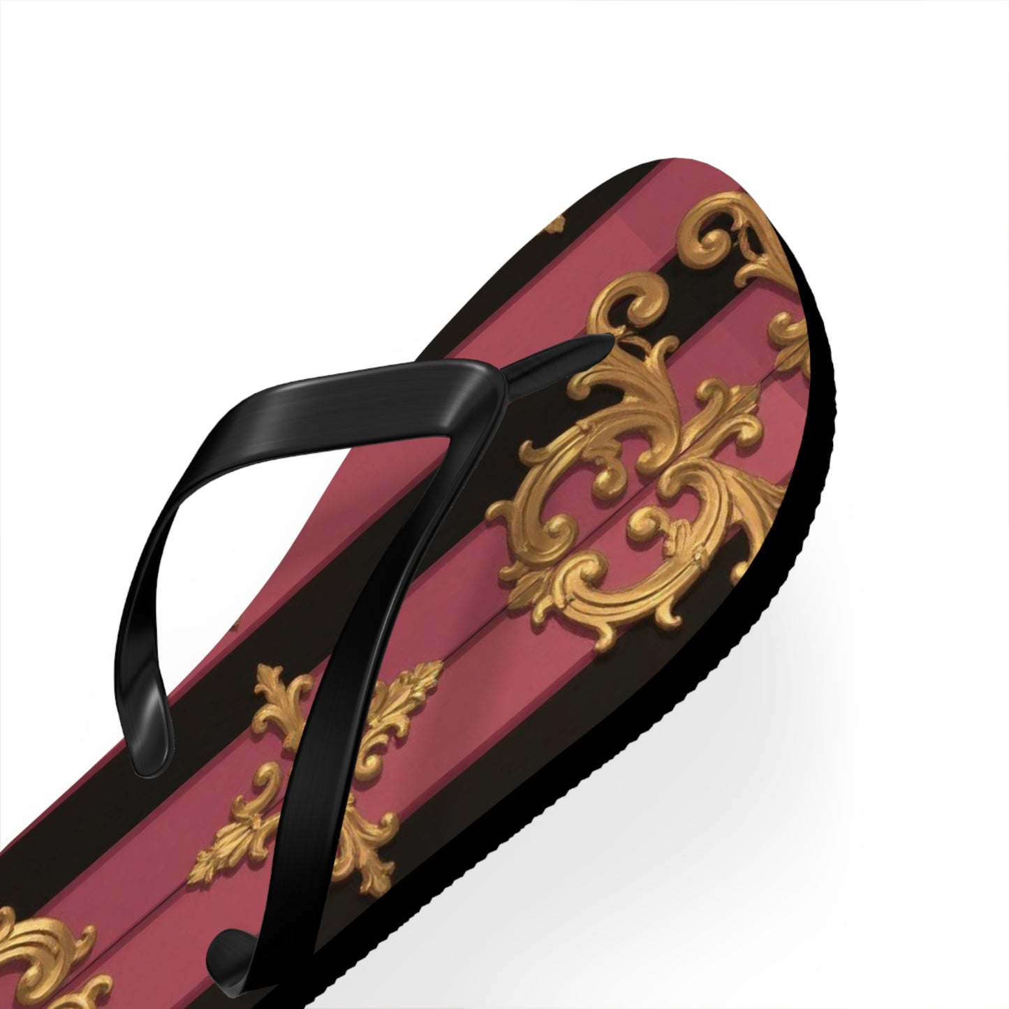 Elegant Black & Mauve Striped Gold Baroque Flip Flops, Chic Footwear for Summer, Pool Parties, Beach Days, Vacation Essentials