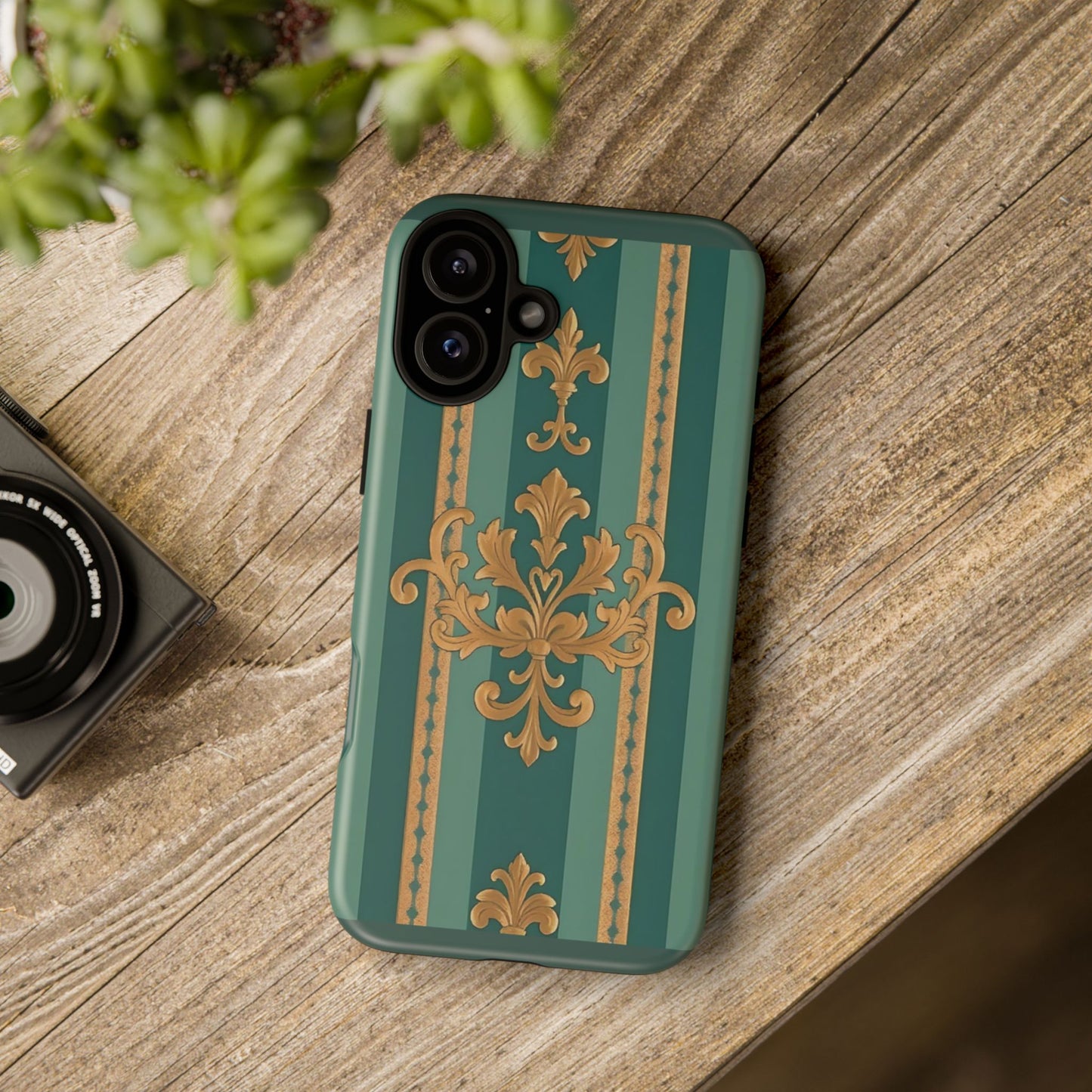 Elegant Floral Motif Phone Case - Tough Cases with Vintage Design - Teal Striped Gold Damask
