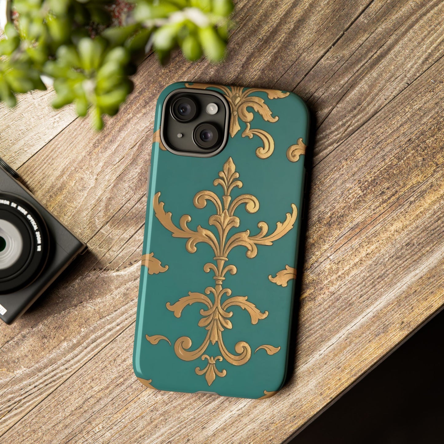 Elegant Floral Motif Phone Case - Tough Cases with Vintage Design - Aqua & Gold Damask