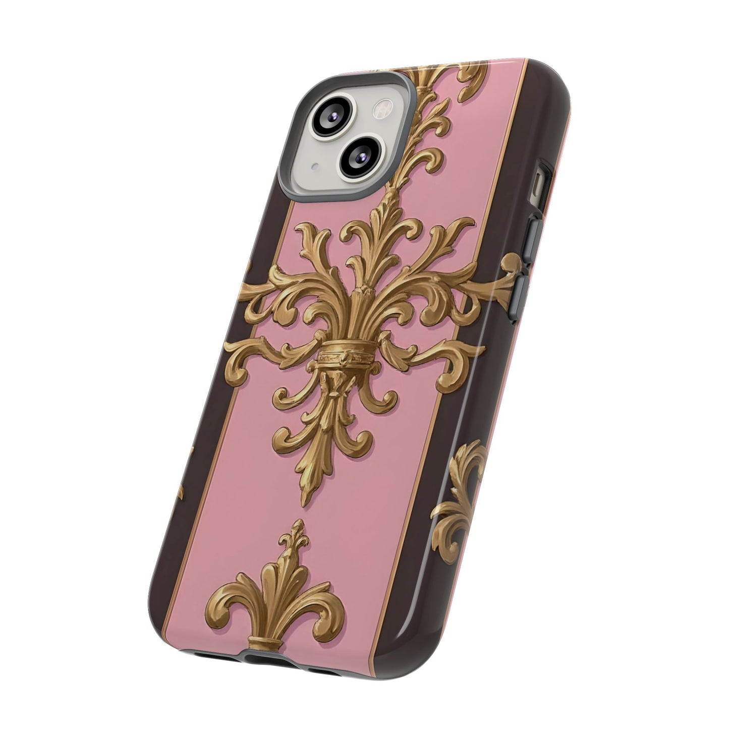 Elegant Floral Motif Phone Case - Tough Cases with Vintage Design - Pink & Brown Striped Gold Damask