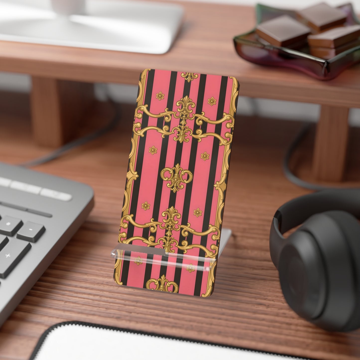 Chic Smartphone Stand, Elegant Phone Holder, Decorative Mobile Display - Pink & Black Striped Gold Baroque