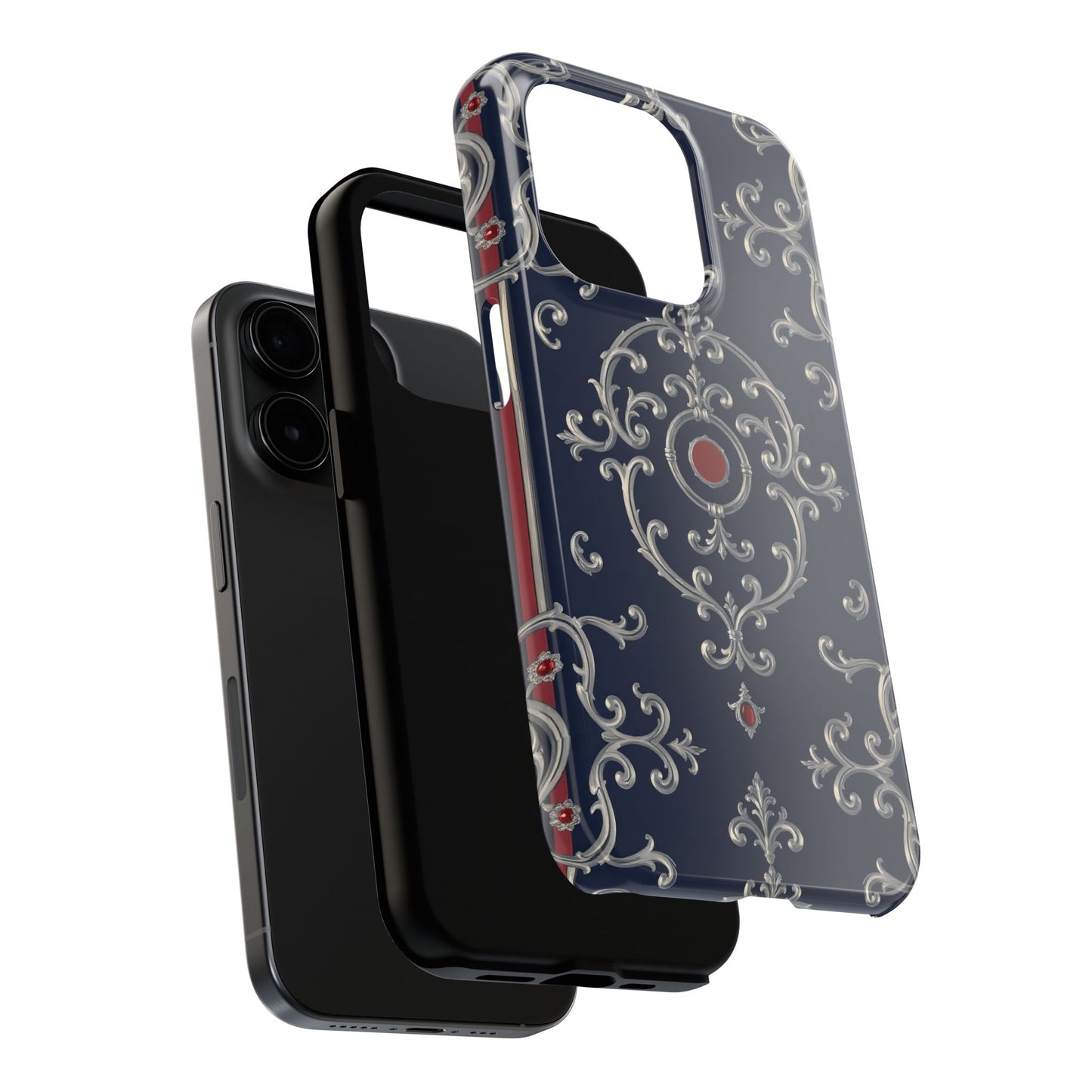 Elegant Patterned Tough Phone Cases for Stylish Protection, Gift for Her, Unique Accessories - Blue & Red Striped Silver Baroque