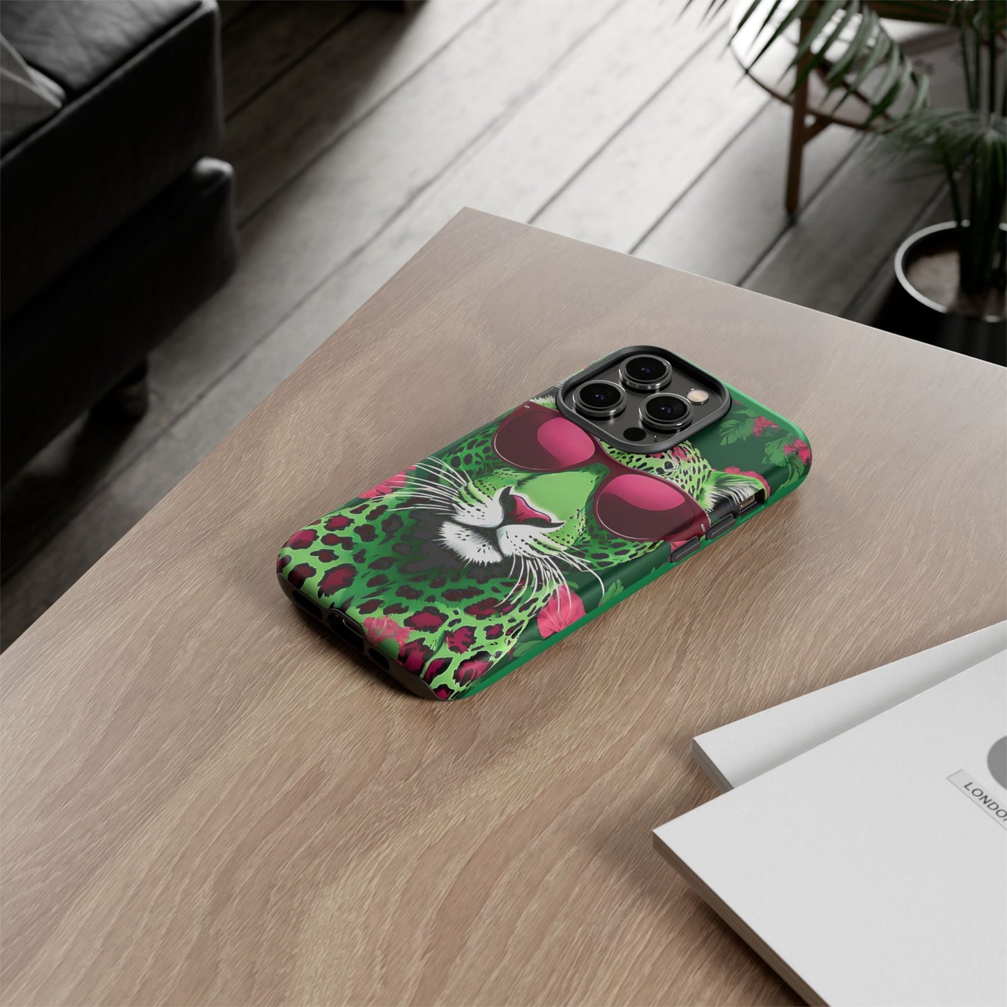 Phone Case - Lime Green & Burgundy Leopard In Sunglasses Design