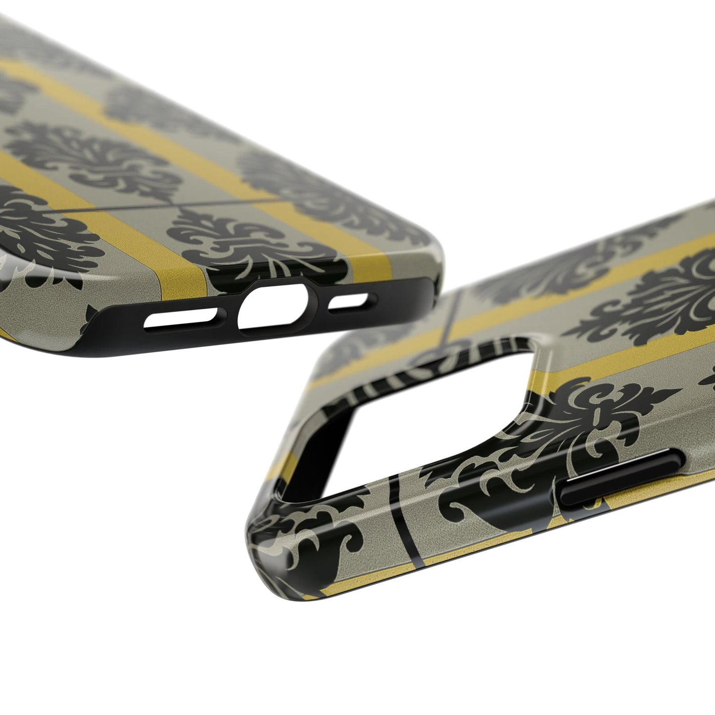 Elegant Baroque Tough Phone Cases | Chic Phone Protection | Gift for Her | Stylish Accessory | Holiday Gift Idea | Silver & Gold Striped Black Baroque