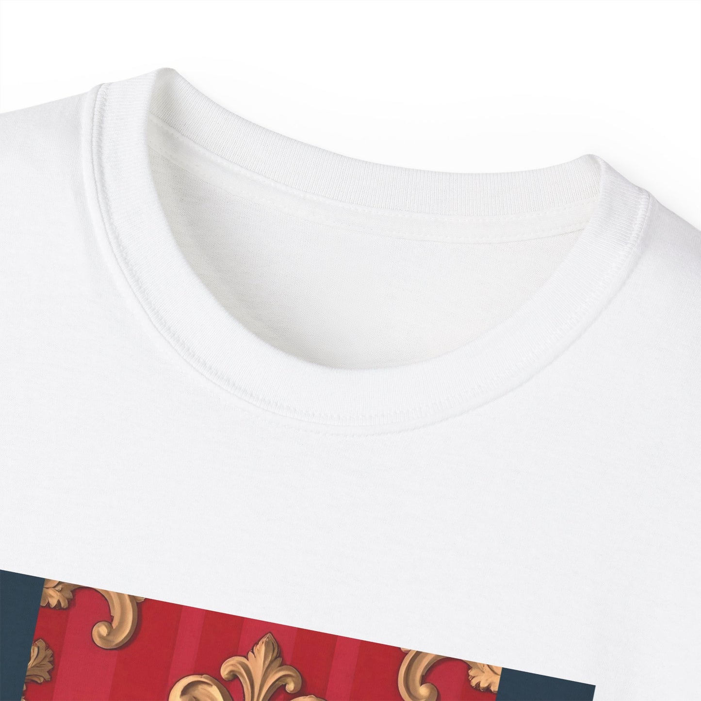 Regal Red Baroque T-Shirt, Artistic Tee, Gift for Art Lovers, Fashionable Statement Shirt, Unique Graphic Top - Blue, Red & White Striped Baroque