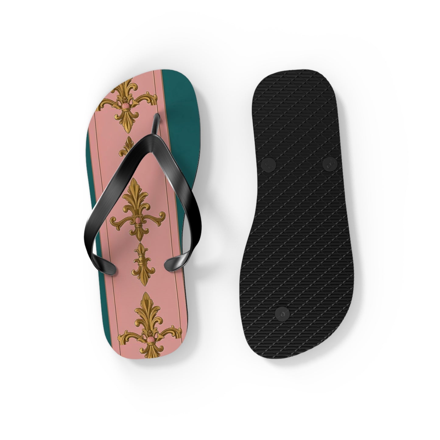Chic Floral Flip Flops, Summer Sandals, Beach Footwear, Vacation Slides, Stylish Summer Accessories - Pink & Teal Striped Gold Baroque
